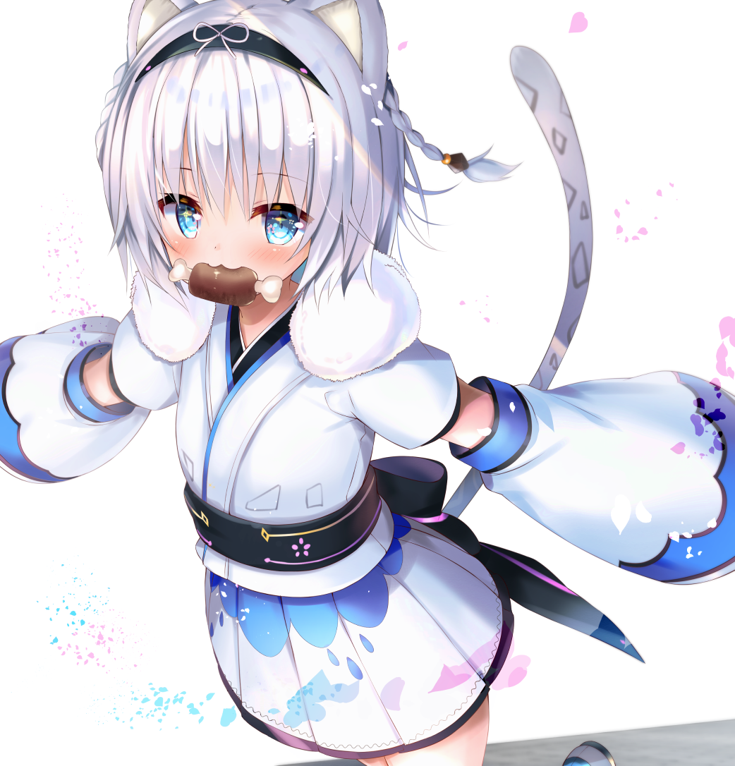 1girl :3 animal_ears blue_eyes blush boned_meat detached_sleeves flat_chest food food_in_mouth fur_collar hairband huei_nazuki kohaku_nene la_peche_party leopard_ears leopard_girl leopard_tail long_sleeves looking_at_viewer meat short_hair silver_hair solo tail virtual_youtuber white_background