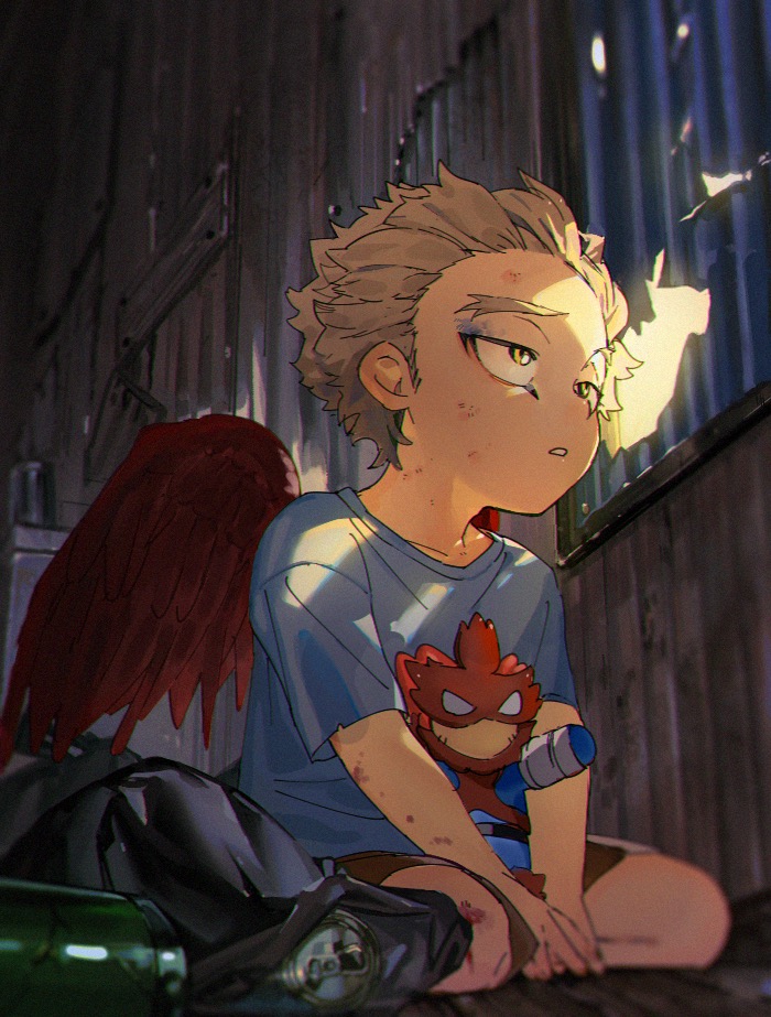 1boy blonde_hair boku_no_hero_academia bottle bruise bruised_eye can character_doll corrugated_galvanised_iron_sheet day endeavor_(boku_no_hero_academia) facial_mark feathered_wings hawks_(boku_no_hero_academia) hole_in_wall indoors injury looking_afar male_focus mm39572 on_floor red_feathers red_wings scratches shirt short_hair short_sleeves shorts solo sunlight t-shirt trash_bag wings wooden_wall yellow_eyes younger