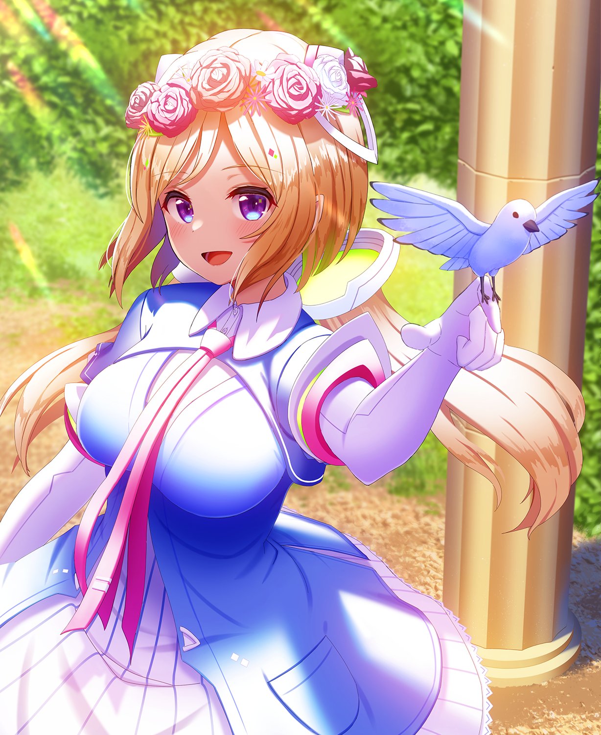 1girl :d aki_rosenthal animal bangs bird blonde_hair blue_jacket breasts brown_rose day detached_hair dress elbow_gloves flower gloves hair_flower hair_ornament highres hololive jacket long_hair looking_at_viewer low_twintails medium_breasts mikomiko_(mikomikosu) outdoors parted_bangs pillar pink_flower pink_rose rose short_sleeves shrug_(clothing) smile solo sunlight twintails very_long_hair violet_eyes white_dress white_gloves