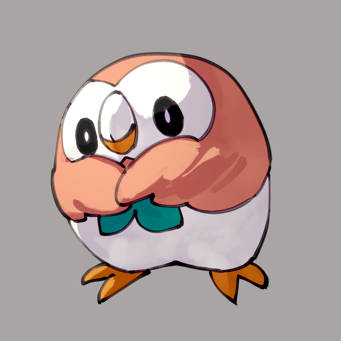 animal_focus bird black_eyes bright_pupils closed_mouth commentary_request full_body grey_background iki_(4sarabyebye) no_humans owl pokemon pokemon_(creature) rowlet simple_background solo