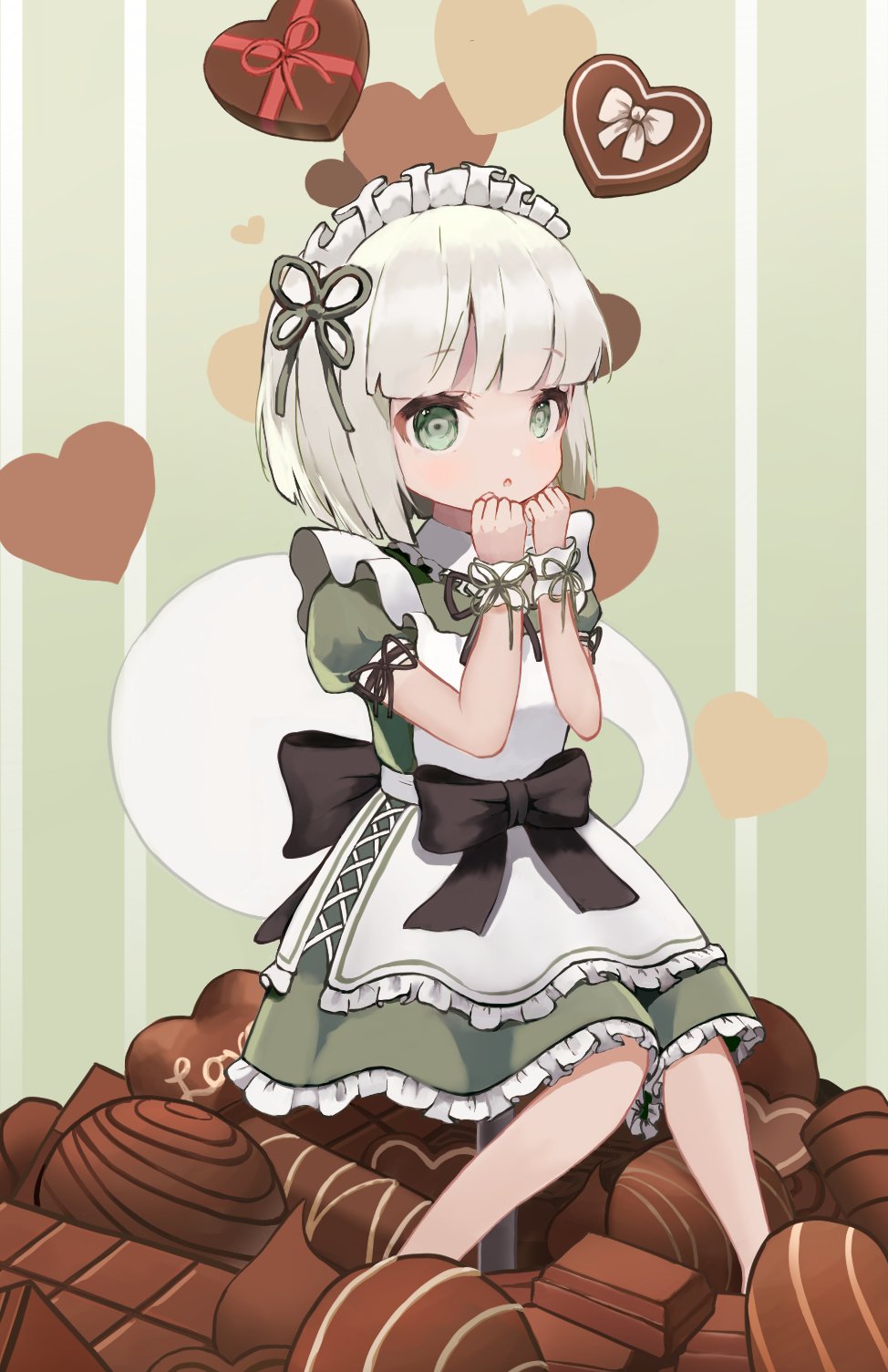 1girl alternate_costume apron back_bow bangs black_bow blush bow box candy chocolate commentary_request dress eyebrows_visible_through_hair food ghost green_background green_bow green_dress green_eyes hands_up heart highres hitodama konpaku_youmu konpaku_youmu_(ghost) looking_to_the_side maid_headdress nerkia open_mouth pink_bow pink_heart puffy_short_sleeves puffy_sleeves short_hair short_sleeves silver_hair sitting solo striped striped_background touhou white_apron wrist_cuffs