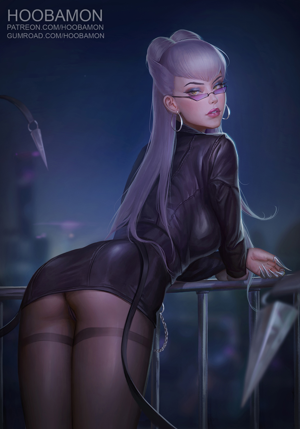 1girl ass black_jacket black_skirt breasts brown_legwear chain cowboy_shot earrings evelynn_(league_of_legends) fingernails grey_hair highres hoo_bamon hoop_earrings jacket jewelry k/da_(league_of_legends) k/da_evelynn large_breasts league_of_legends leaning_forward long_hair looking_at_another looking_at_viewer night outdoors pantyhose parted_lips railing sharp_fingernails shiny shiny_clothes skirt solo standing sunglasses teeth