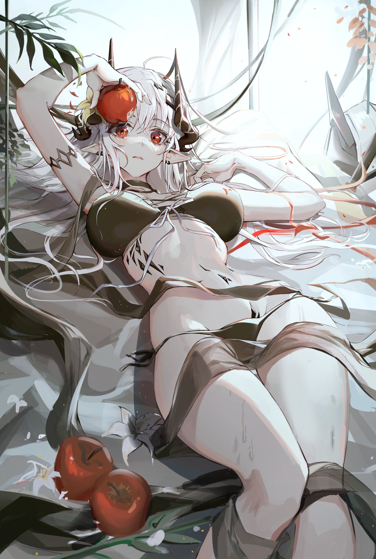 0m1nyu 1girl apple arknights arm_strap bikini black_bikini breasts demon_horns earclip feet_out_of_frame flower food fruit groin highres holding holding_food holding_fruit horns large_breasts leaf long_hair looking_at_viewer lying mudrock_(arknights) mudrock_(silent_night)_(arknights) official_alternate_costume on_back open_mouth parted_lips plant pointy_ears redhead solo swimsuit white_flower white_hair yellow_flower
