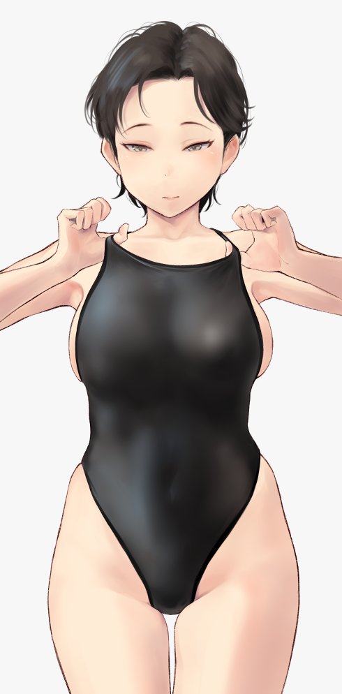 1girl black_hair black_swimsuit breasts brown_eyes collarbone competition_swimsuit covered_navel cowboy_shot facing_viewer large_breasts looking_down one-piece_swimsuit original short_hair simple_background smile solo standing swimsuit thigh_gap very_short_hair wa_(genryusui) white_background