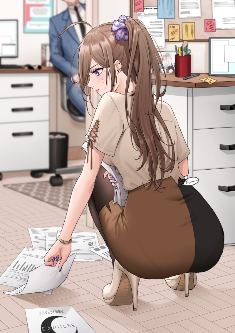 1girl blouse blue_eyes expulse from_behind grey_hair high_heels kneeling office office_lady original pencil_skirt skirt tearing_clothes torn_clothes