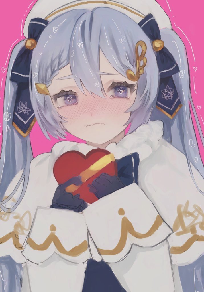 1girl bangs beret blue_eyes blue_gloves blue_ribbon blush box capelet closed_mouth commentary dress fur-trimmed_capelet fur_trim gloves gold_trim hair_ornament hair_ribbon hat hatsune_miku heart heart-shaped_box heart_in_eye holding holding_box light_blue_hair long_hair looking_at_viewer musical_note_hair_ornament pink_background ribbon shinkie solo symbol_in_eye twintails valentine very_long_hair vocaloid wavy_mouth white_capelet white_dress white_headwear yuki_miku yuki_miku_(2021)