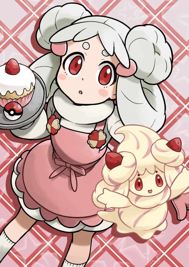 1girl alcremie alcremie_(strawberry_sweet) apron bangs blush_stickers commentary_request creature_and_personification cupcake double_bun dress food fruit hair_rings holding holding_tray kneehighs long_hair looking_at_viewer mabu_(dorisuto) parted_lips pink_apron poke_ball poke_ball_(basic) pokemon pokemon_(creature) red_eyes short_eyebrows strawberry tray white_dress white_hair white_legwear