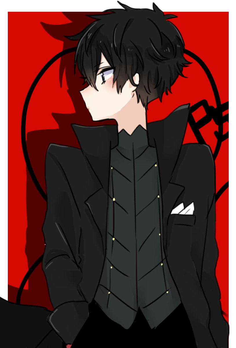 amamiya_ren black_eyes black_hair black_jacket ears hands_in_pockets highres jacket l mask ooking_to_the_side persona persona_5 red_background