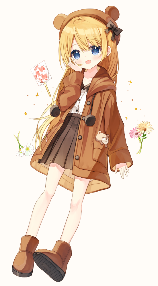 1girl :d animal_ears animal_hat bear_ears bear_hat beret black_bow black_skirt blonde_hair blue_eyes boots bow brown_background brown_footwear brown_headwear brown_jacket candy collared_shirt dress_shirt flower flower_girl_(yuuhagi_(amaretto-no-natsu)) food full_body hat hat_bow hood hood_down hooded_jacket jacket lollipop long_hair long_sleeves looking_at_viewer open_clothes open_jacket original pink_flower pleated_skirt shirt shoe_soles simple_background skirt sleeves_past_wrists smile solo sparkle swirl_lollipop very_long_hair white_flower white_shirt yuuhagi_(amaretto-no-natsu)