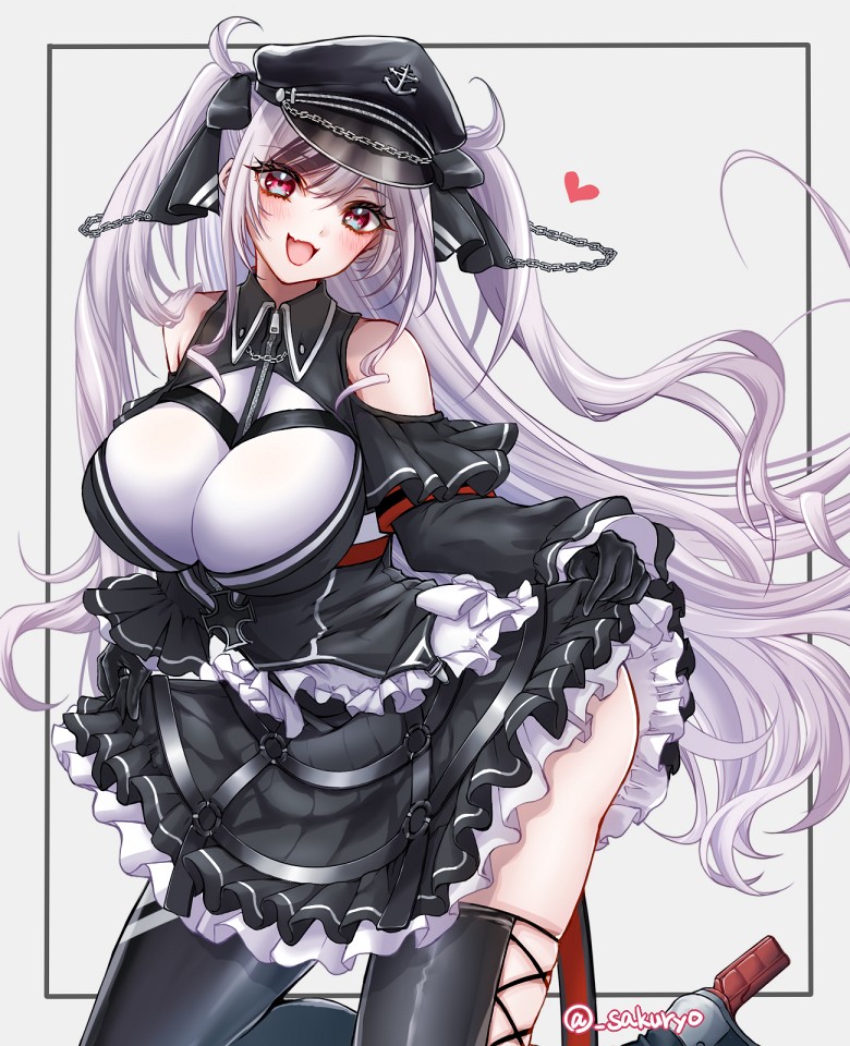 azur_lane black_corset black_dress black_footwear black_headwear black_ribbon boots breasts clothing_cutout collared_dress corset cross dress elbe_(azur_lane) eyebrows_visible_through_hair fang frilled_dress frills hair_between_eyes hair_ribbon hat heart iron_cross kneeling large_breasts layered_dress leotard looking_at_viewer multicolored_hair open_mouth peaked_cap red_armband ribbon rudder_footwear sakurai_(skri_3527) shoulder_cutout simple_background skin_fang skirt_hold smile streaked_hair thigh-highs thigh_boots twintails twitter_username underboob_cutout white_background white_leotard