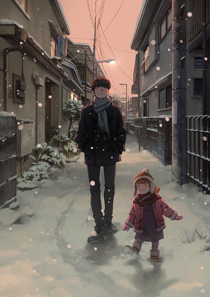 1boy 1girl bangs black_coat blush boots brown_hair coat fence fur_hat gutter hand_in_pocket hat height_difference house lamppost mittens open_clothes open_coat open_mouth original outdoors peacoat pink_sky plant red_coat red_scarf reengirl scarf smile snow snowing standing ushanka walking wall