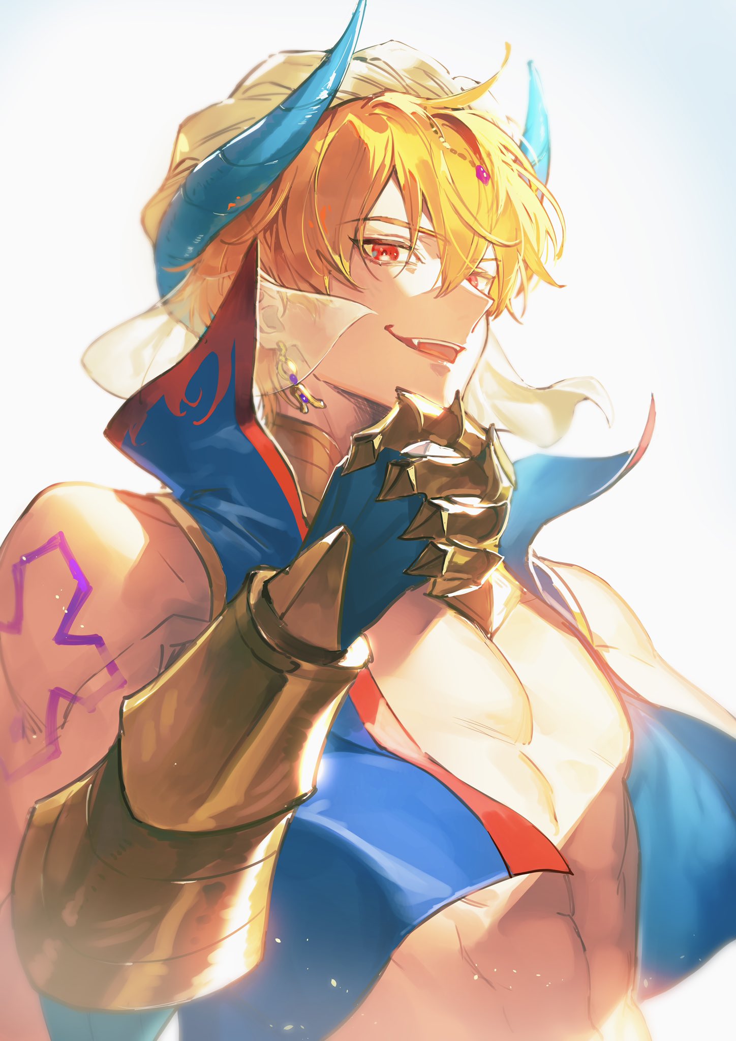 1boy abs arabian_clothes bangs bikkusama bishounen blonde_hair earrings eyebrows_visible_through_hair fangs fate/grand_order fate_(series) gilgamesh_(caster)_(fate) gilgamesh_(fate) gloves gradient gradient_background hair_between_eyes hat highres jewelry light light_particles looking_at_viewer muscular muscular_male open_mouth red_eyes short_hair smile tattoo toned toned_male turban upper_body white_background