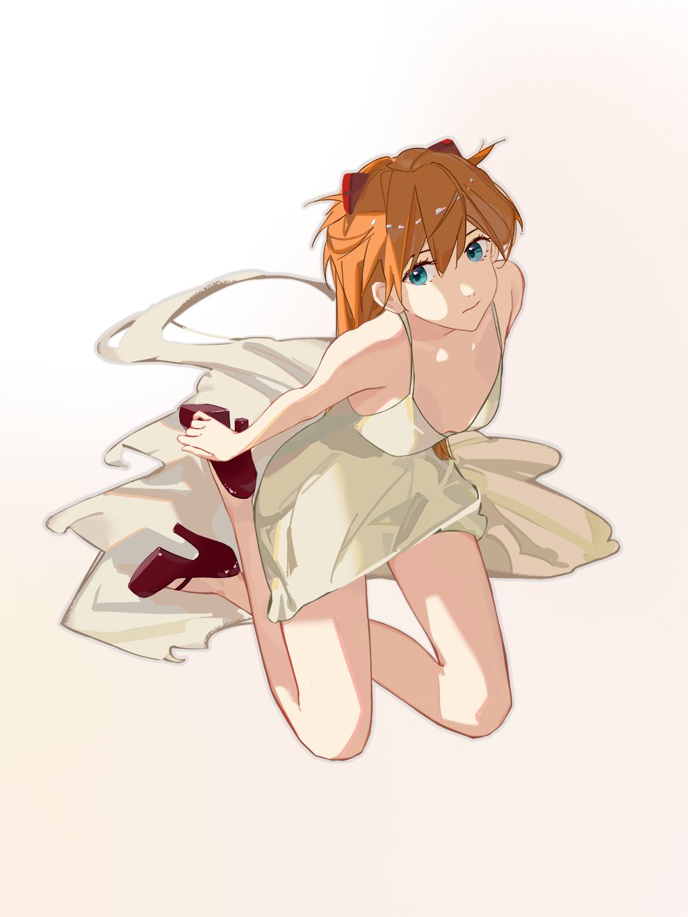 1girl 4st3r blue_eyes breasts dress high_heels highres neon_genesis_evangelion orange_hair red_footwear simple_background solo souryuu_asuka_langley teenage yellow_dress