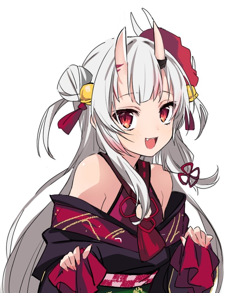 1girl bangs bell double_bun fang grey_hair hair_bell hair_ornament hibimegane hololive horns japanese_clothes long_hair looking_at_viewer mask mask_on_head multicolored_hair nakiri_ayame obi oni_horns oni_mask open_mouth red_eyes sash simple_background skin-covered_horns solo two_side_up very_long_hair virtual_youtuber white_background