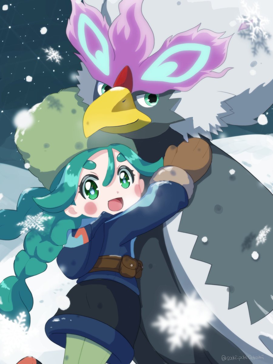 1girl :d arm_up bangs black_footwear black_skirt blue_jacket blush_stickers boots braid brown_mittens commentary_request eyelashes fur-trimmed_jacket fur_hat fur_trim green_eyes green_hair green_headwear green_legwear hair_between_eyes hat highres hisuian_braviary hood hood_down hooded_jacket jacket leg_up long_sleeves looking_at_viewer open_mouth pantyhose pokemon pokemon_(creature) pokemon_(game) pokemon_legends:_arceus sabi_(pokemon) saki_pokeoekaki skirt smile snowflakes snowing tongue twin_braids twintails