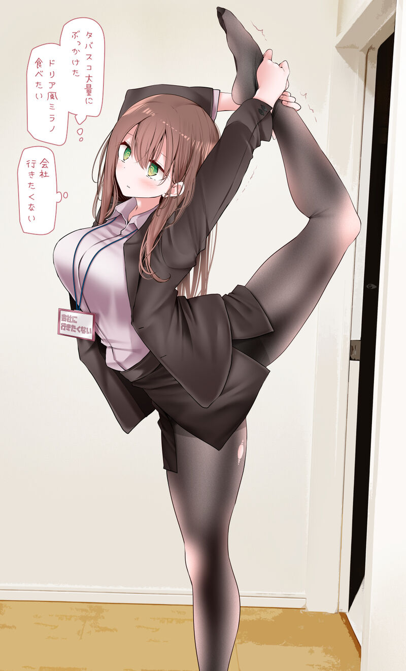 1girl @_@ arched_back arms_up bangs black_jacket black_legwear black_skirt blush breasts brown_hair collared_shirt fine_fabric_emphasis foot_out_of_frame green_eyes hair_between_eyes highres holding_leg indoors jacket large_breasts leg_up legs long_hair looking_to_the_side no_shoes office_lady ol-chan_(oouso) oouso original pantyhose pencil_skirt photo_background pink_shirt pose shiny shiny_clothes shiny_hair shirt sidelocks skirt solo standing standing_on_one_leg stretch suit_jacket thighband_pantyhose thighs thought_bubble torn_clothes torn_legwear translation_request trembling