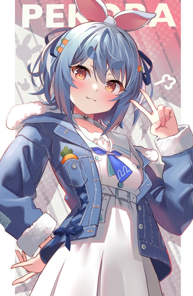 1girl :3 =3 animal_ears bangs belt belt_buckle blue_hair blue_jacket blue_neckerchief blue_ribbon blush breast_pocket buckle bunny-shaped_pupils bunny_earrings carrot_hair_ornament character_name closed_mouth collar collarbone commentary denim denim_jacket dodota dress earrings eyebrows_visible_through_hair fingernails food-themed_hair_ornament fur-trimmed_jacket fur_trim hair_between_eyes hair_ornament hair_ribbon hairclip hand_on_hip hand_up head_tilt hololive jacket jewelry long_sleeves looking_at_viewer multicolored_hair neckerchief official_alternate_costume open_clothes open_jacket orange_eyes pleated_dress pocket rabbit_ears rabbit_girl ribbon sailor_collar sailor_dress short_eyebrows short_hair sidelocks smile solo standing swept_bangs symbol-only_commentary symbol-shaped_pupils thick_eyebrows two-tone_hair unbuttoned usada_pekora v virtual_youtuber white_belt white_collar white_dress white_hair white_sailor_collar