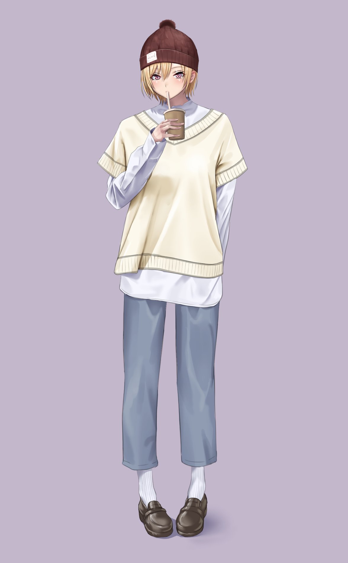 1girl alternate_costume arm_behind_back beanie blonde_hair blush cup denim drinking_straw full_body hat highres holding holding_cup idolmaster idolmaster_shiny_colors jeans loafers looking_at_viewer mouth_hold outtypeex pants purple_background saijou_juri shirt shoes short_hair simple_background solo vest white_shirt yellow_vest