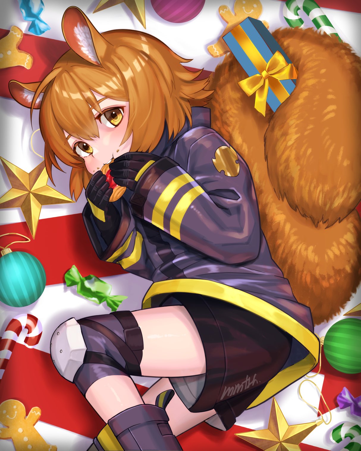 1girl ahoge animal_ears arknights bauble black_footwear black_gloves black_jacket black_shorts blush boots box candy candy_cane cookie crumbs eating food food_on_face gift gift_box gingerbread_man gloves hair_between_eyes highres jacket knee_pads looking_at_viewer lying memetaroh on_side shaw_(arknights) short_hair shorts solo squirrel_ears squirrel_girl squirrel_tail star_ornament tail yellow_eyes