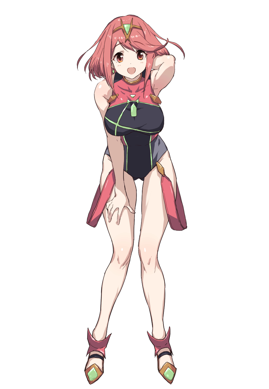 1girl :d bangs bare_shoulders black_swimsuit breasts commentary competition_swimsuit green322 hand_on_thigh headpiece highres jewelry leaning_forward looking_at_viewer medium_breasts one-piece_swimsuit pyra_(pro_swimmer)_(xenoblade) pyra_(xenoblade) red_eyes red_swimsuit redhead revision shoes short_hair smile solo swept_bangs swimsuit tiara two-tone_swimsuit xenoblade_chronicles_(series) xenoblade_chronicles_2