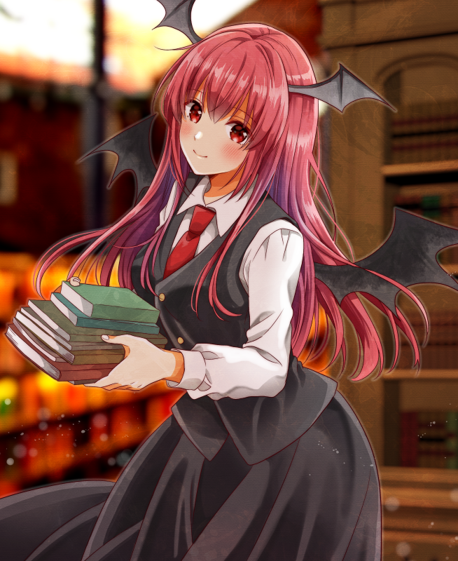 1girl black_skirt black_vest blurry blurry_background blush book book_stack buttons closed_mouth collared_shirt commentary cowboy_shot demon_wings eyebrows_visible_through_hair fingernails hair_between_eyes head_wings holding holding_book koakuma long_hair long_skirt long_sleeves looking_at_viewer necktie okawa_friend outline photo_background red_eyes red_necktie redhead shirt skirt sleeve_cuffs smile solo touhou vest white_shirt wings