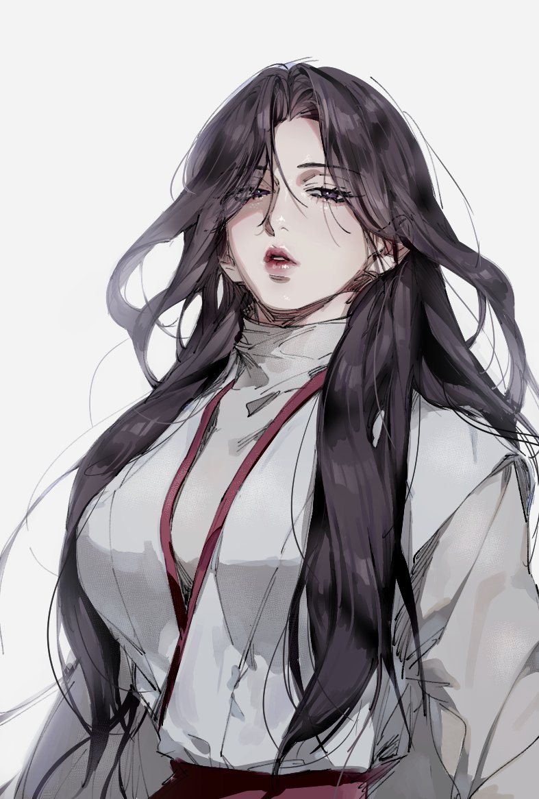 1girl black_hair breasts dress ears_visible_through_hair expressionless large_breasts long_hair looking_at_viewer return_of_the_mount_hua_sect s_walpae turtleneck twitter_username white_clothes white_dress yu_iseol_(return_of_the_mount_hua_sect)