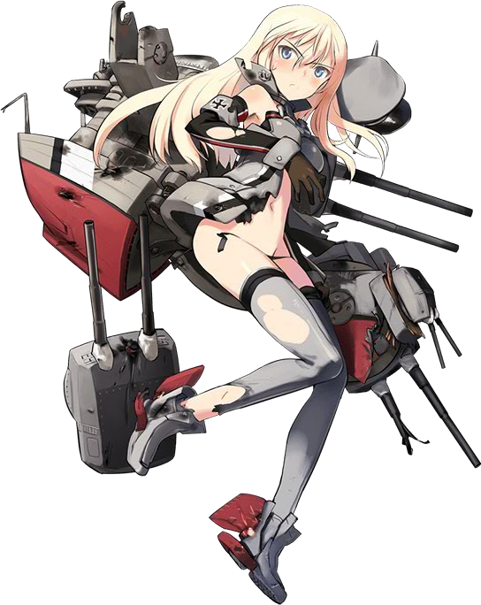 1girl armband bismarck_(kancolle) bismarck_zwei_(kancolle) blonde_hair blush boots breasts brown_gloves cannon defeat detached_sleeves full_body gloves grey_eyes grey_footwear grey_legwear hat hat_removed headwear_removed kantai_collection long_hair mecha_musume medium_breasts official_art open_mouth peaked_cap shimada_fumikane solo thigh-highs torn_clothes torn_legwear
