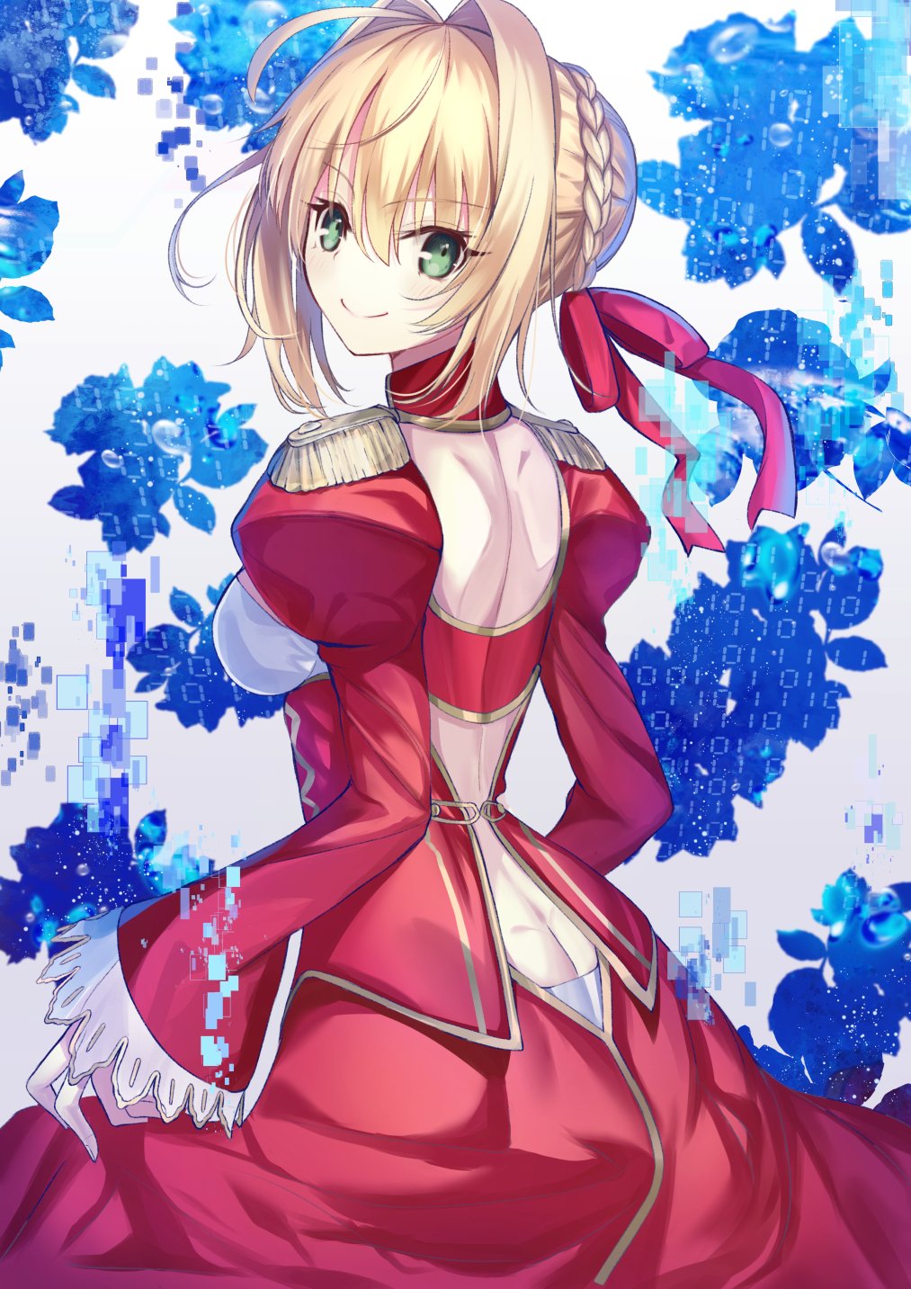 1girl ahoge blonde_hair blurry braid breasts cleavage commentary_request corset dress epaulettes fate/extra fate/grand_order fate_(series) flower french_braid green_eyes hair_flower hair_intakes hair_ornament hair_ribbon highres juliet_sleeves large_breasts long_sleeves looking_at_viewer nekodaruma_new nero_claudius_(fate) nero_claudius_(fate)_(all) ocean petals puffy_sleeves red_dress red_ribbon ribbon saber_extra see-through short_hair smile solo wide_sleeves