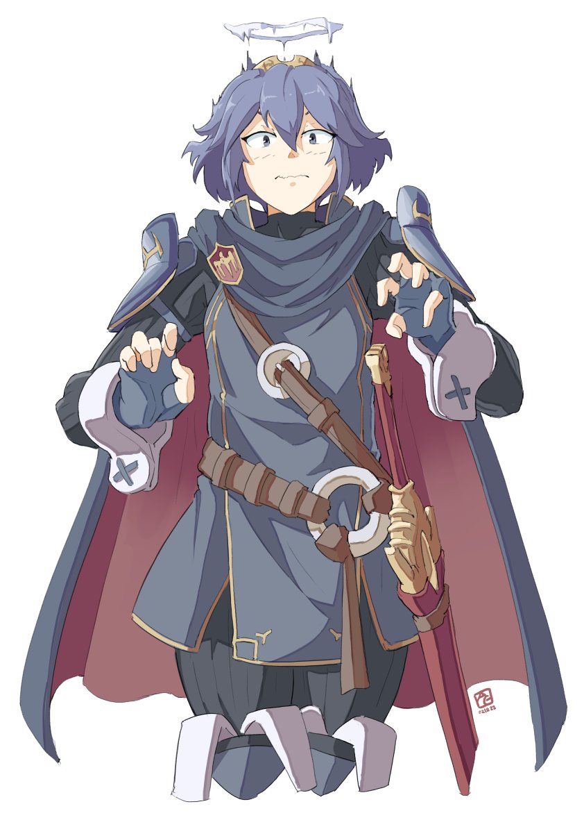 1girl alternate_hairstyle armor automatic_giraffe bangs blue_eyes blue_hair blush breasts cape closed_mouth cowboy_shot embarrassed english_commentary falchion_(fire_emblem) fingerless_gloves fire_emblem fire_emblem_awakening gloves looking_at_viewer lucina_(fire_emblem) short_hair shoulder_armor solo tiara weapon