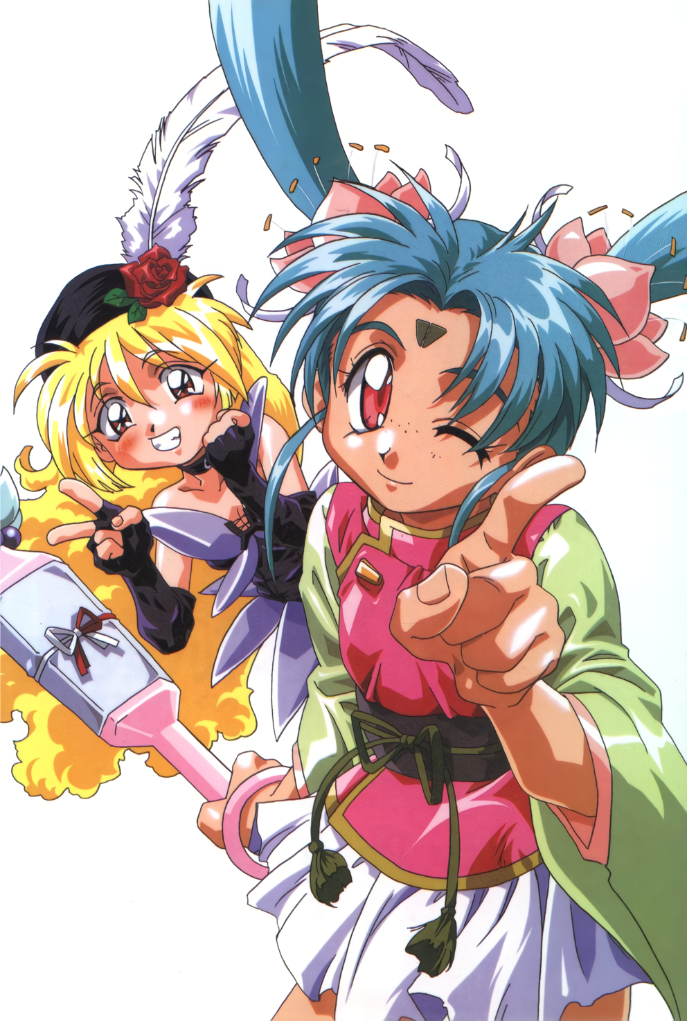 1990s_(style) 2girls aqua_hair bangs black_gloves blonde_hair blush choker elbow_gloves eyebrows_visible_through_hair facial_mark fingerless_gloves floating_hair flower forehead_mark freckles gloves grin hair_flower hair_ornament hat hat_feather hat_flower highres holding holding_wand index_finger_raised kawai_sasami long_hair long_sleeves looking_at_viewer magical_girl mahou_shoujo_pretty_sammy masaki_sasami_jurai miniskirt multiple_girls non-web_source official_art one_eye_closed pink_eyes pixy_misa pretty_sammy_(character) red_eyes retro_artstyle simple_background skirt smile twintails v wand white_background white_skirt wide_sleeves