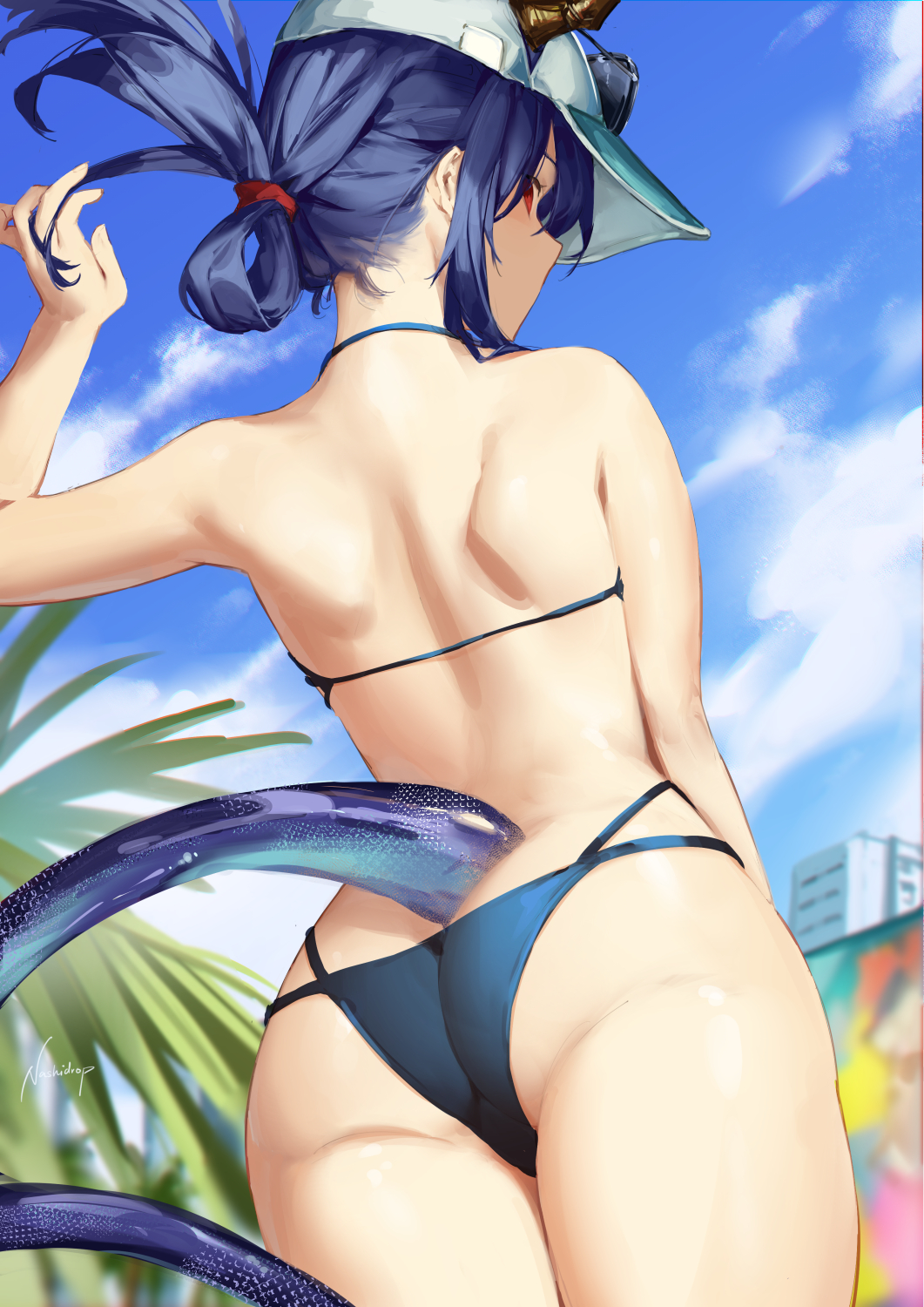 1girl arknights ass back bangs baseball_cap bikini blue_bikini blue_hair blue_sky ch'en_(arknights) clouds cowboy_shot dragon_girl dragon_horns dragon_tail eyewear_on_headwear folded_ponytail from_behind hair_tie hand_up hat highres horns horns_through_headwear looking_back multi-strapped_bikini nashidrop outdoors red_eyes sidelocks signature sky solo sunglasses swimsuit tail