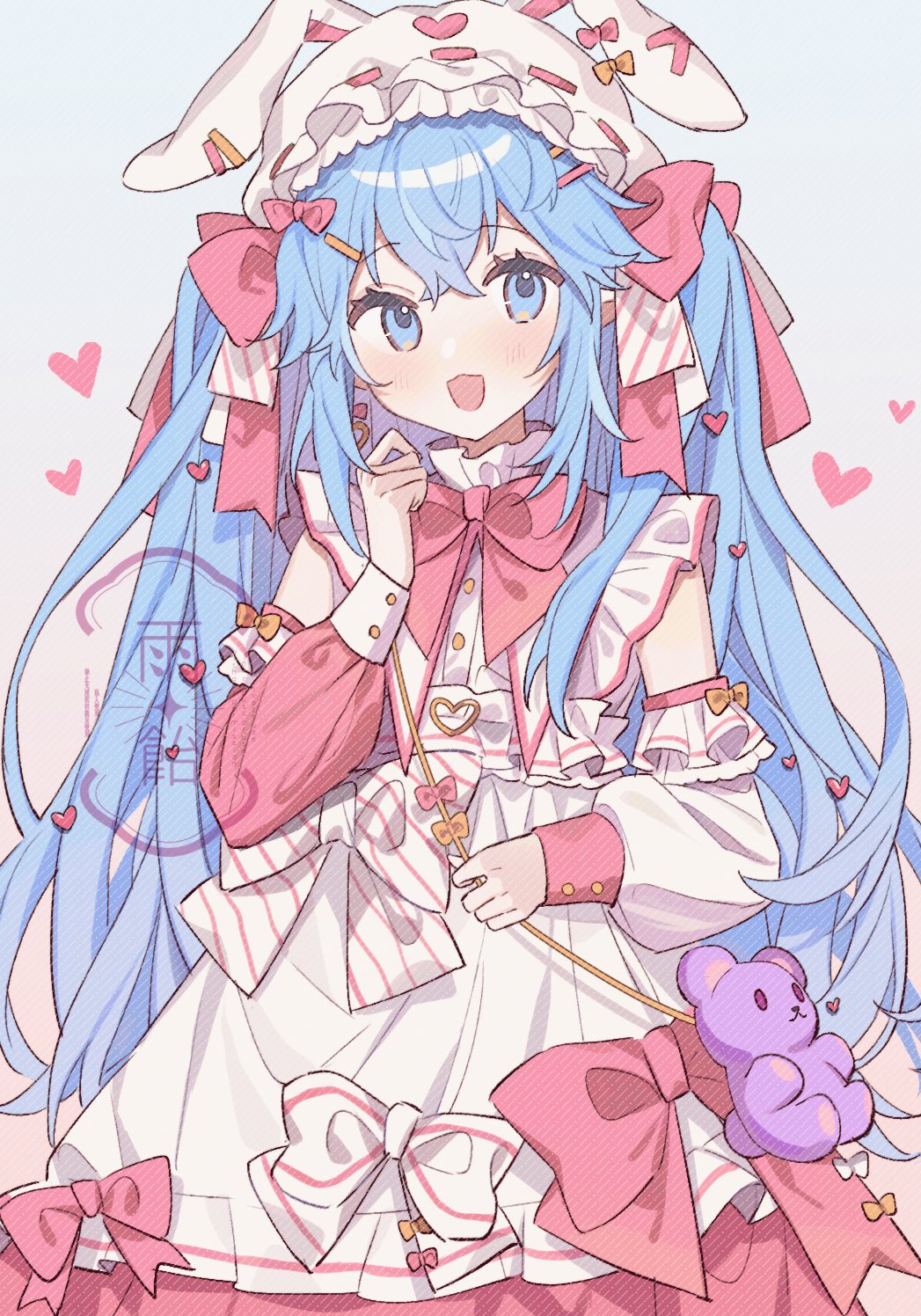 1girl ame_ame blue_eyes blue_hair blush bow eyebrows_visible_through_hair hair_bow hair_ornament hairclip hatsune_miku heart highres long_hair looking_at_viewer open_mouth pink_bow smile solo twintails vocaloid