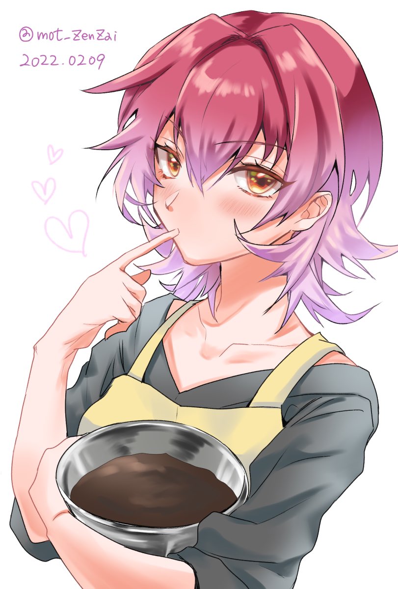 1girl apron bangs black_shirt blush bowl chocolate dated eyebrows_visible_through_hair finger_in_mouth gradient_hair hair_between_eyes heart highres holding holding_bowl kantai_collection kinu_(kancolle) looking_at_viewer mot_zenzai multicolored_hair one-hour_drawing_challenge orange_eyes pink_hair redhead shirt short_hair simple_background solo twitter_username upper_body white_background yellow_apron