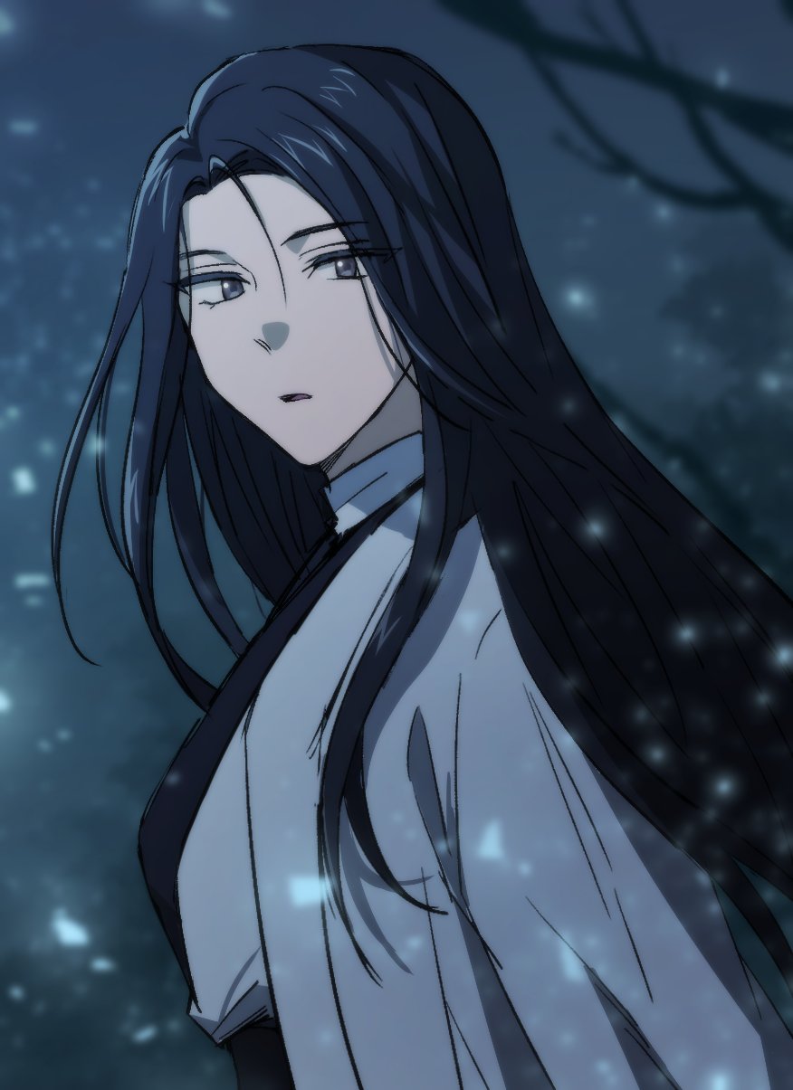 1girl bare_tree black_hair highres long_hair looking_at_viewer night return_of_the_mount_hua_sect snow snowing tree turtleneck twitter_username white_clothes yoruke97 yu_iseol_(return_of_the_mount_hua_sect)