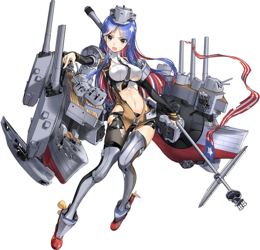 1girl american_flag black_gloves blue_hair breasts defeat gloves jacket kantai_collection long_hair machinery medium_breasts multicolored_hair navel necktie official_art redhead rigging rudder_footwear shorts single_thighhigh south_dakota_(kancolle) staff thigh-highs torn_clothes transparent_background turret weapon white_hair zeco