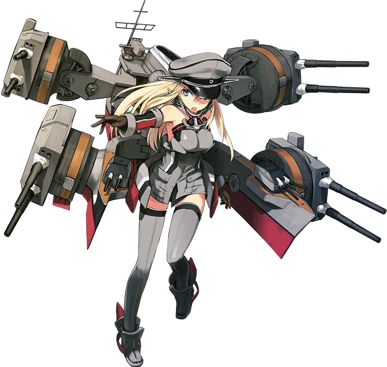 1girl bismarck_(kancolle) bismarck_zwei_(kancolle) blonde_hair boots breasts brown_gloves cannon detached_sleeves full_body gloves grey_eyes grey_footwear grey_legwear hat kantai_collection large_breasts long_hair mecha_musume official_art open_mouth peaked_cap shimada_fumikane solo thigh-highs