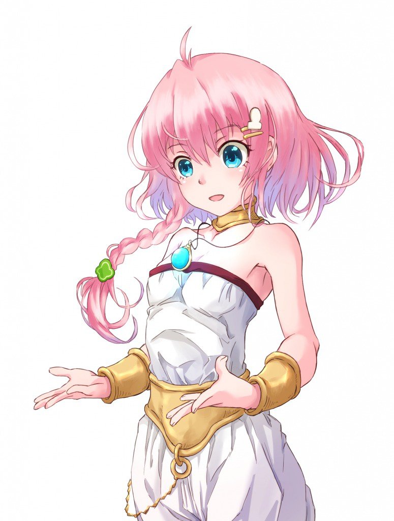 1girl amahane_yotsuha bare_shoulders blue_eyes braid breasts choker chrono_trigger cosplay hair_ornament hairclip jewelry kanimusiv_v long_hair marle_(chrono_trigger) necklace open_mouth pink_hair ponytail simple_background smile solo vgaming virtual_youtuber white_background