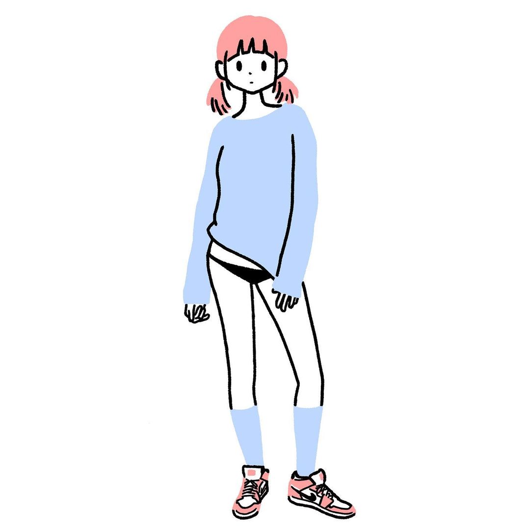 1girl bangs black_panties blue_legwear blue_shirt blunt_bangs contrapposto expressionless flat_color full_body jpeg_artifacts limited_palette long_sleeves looking_at_viewer original panties pink_footwear pink_hair shirt shoes short_hair simple_background sleeves_past_wrists socks solo standing twintails underwear white_background yuna_s_illust