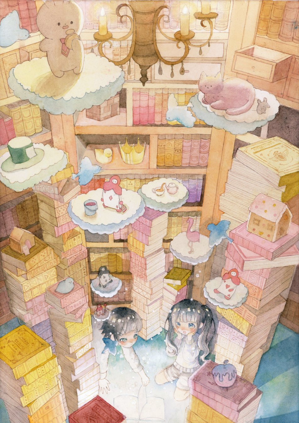 1boy 1girl amou_0220 book candle candlestand ceiling ceiling_light chandelier commentary_request crown drawer fantasy gingerbread_cookie gingerbread_man hanging_light highres long_hair open_mouth original short_hair