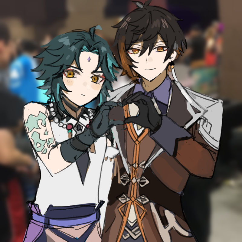 2boys ahoge aqua_hair arm_tattoo bangs bead_necklace beads black_gloves black_hair blurry blurry_background blush brown_hair closed_mouth coat earrings facial_mark forehead_mark genshin_impact gloves gyoju_(only_arme_nim) hair_between_eyes heart heart_hands heart_hands_duo jewelry korean_commentary long_hair male_focus multicolored_hair multiple_boys necklace ponytail single_earring sketch smile tassel tassel_earrings tattoo xiao_(genshin_impact) yellow_eyes zhongli_(genshin_impact)