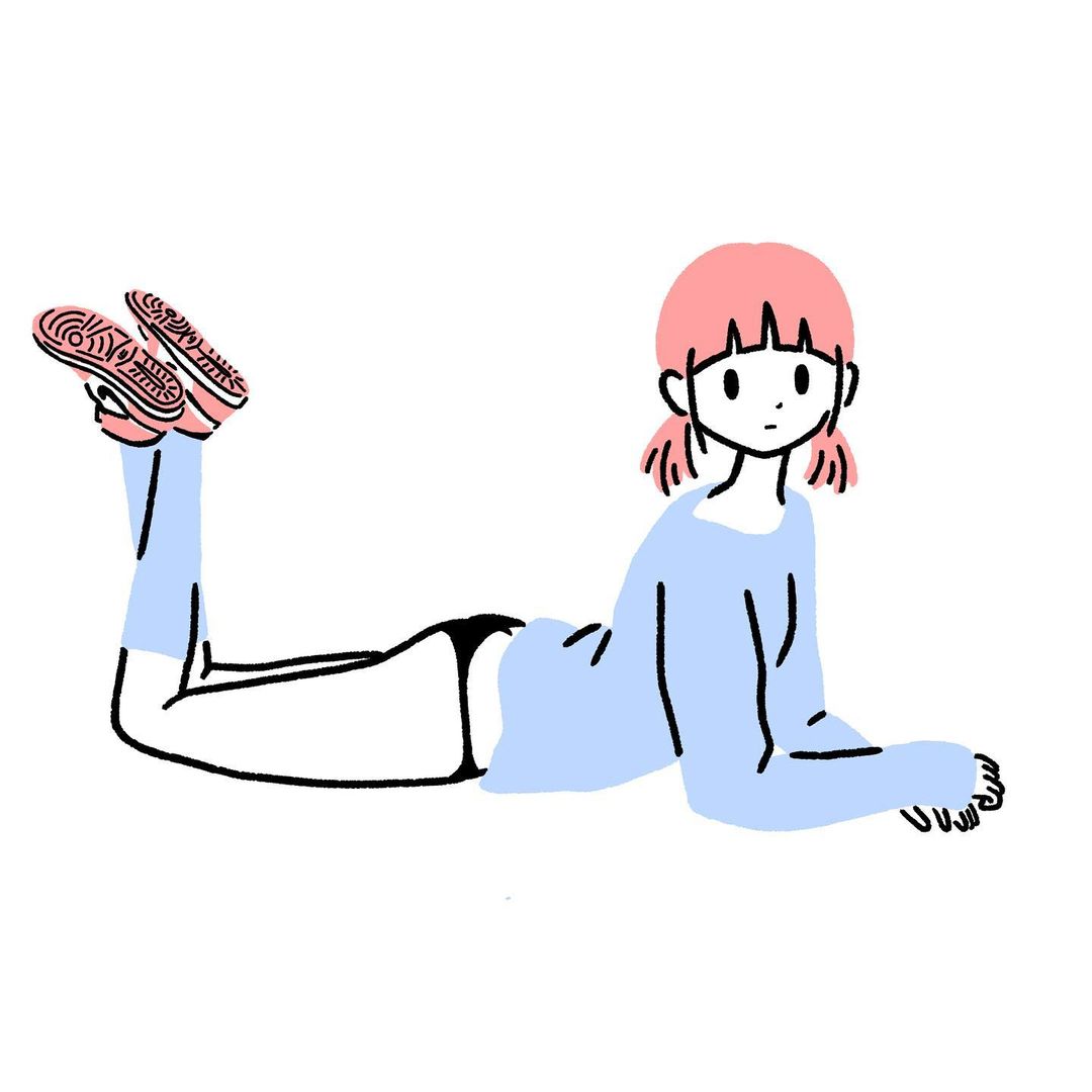 1girl ass bangs black_panties blue_legwear blue_shirt blunt_bangs crossed_legs expressionless flat_color full_body jpeg_artifacts legs_up limited_palette long_sleeves looking_at_viewer lying on_stomach original panties pink_footwear pink_hair shirt shoes short_hair simple_background sleeves_past_wrists socks solo twintails underwear white_background yuna_s_illust