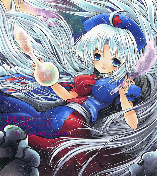 1girl bangs blue_dress blue_eyes blue_hair blue_headwear blush bottle breasts collared_dress commentary_request constellation constellation_print cross dress eyebrows_visible_through_hair feet_out_of_frame flask hat holding holding_bottle large_breasts long_hair looking_at_viewer marker_(medium) multicolored_clothes multicolored_dress nurse_cap open_mouth puffy_short_sleeves puffy_sleeves red_cross red_dress round-bottom_flask sakurai_tamako sample_watermark sash shikishi short_sleeves solo touhou traditional_media two-tone_dress vial white_sash yagokoro_eirin