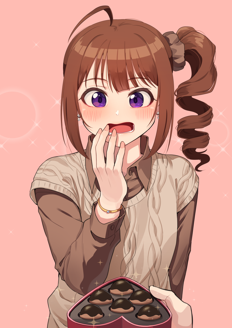 1girl ahoge bangs box bracelet brown_hair brown_scrunchie brown_shirt collared_shirt commentary drill_hair earrings food frown grey_sweater hair_ornament hair_scrunchie hand_to_own_mouth heart-shaped_box idolmaster idolmaster_million_live! jewelry kamille_(vcx68) long_sleeves looking_at_viewer medium_hair open_mouth pink_background pov scrunchie shirt side_drill side_ponytail sidelocks simple_background sleeveless sleeveless_sweater sparkle sweater takoyaki upper_body violet_eyes wing_collar yokoyama_nao