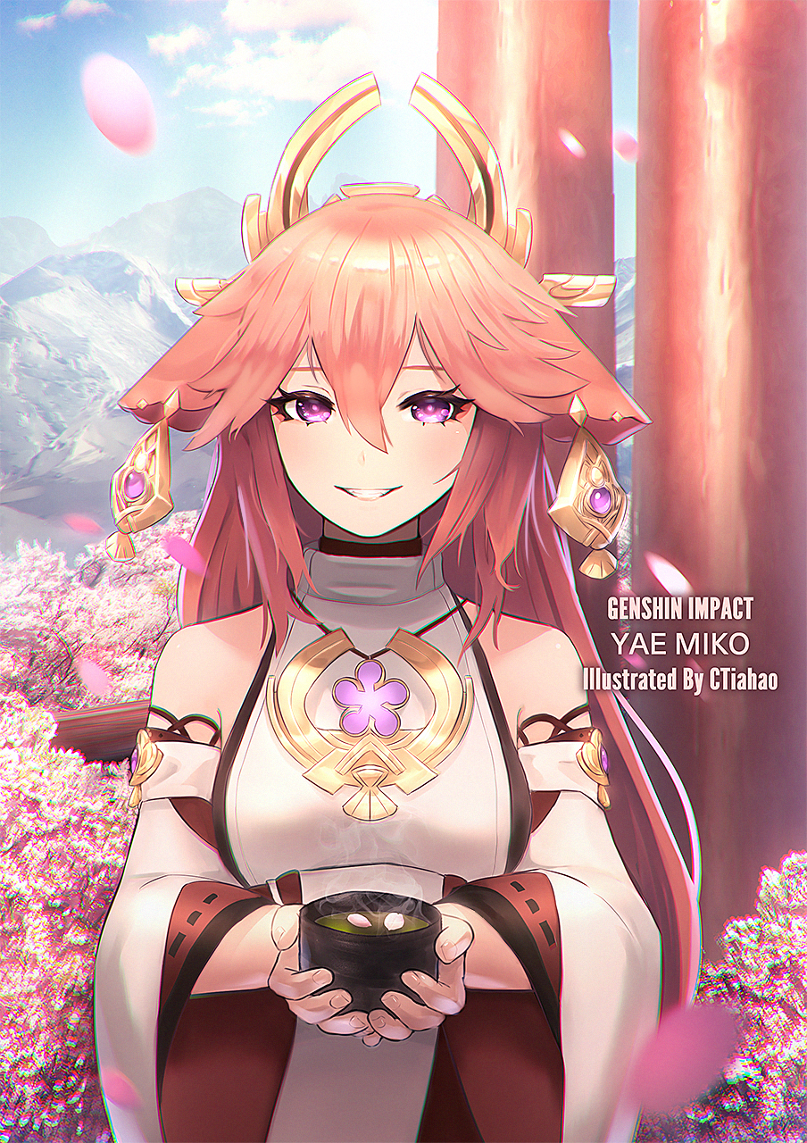 1girl artist_name bangs blush breasts character_name clouds copyright_name ctiahao cup detached_sleeves dress genshin_impact hair_between_eyes highres holding holding_cup medium_breasts mountain parted_lips petals pink_hair sky solo violet_eyes white_dress yae_miko