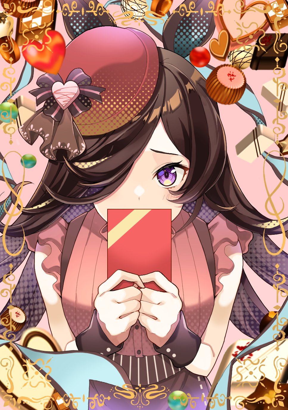 1girl animal_ears blush box brown_hair candy chocolate covered_mouth food framed gift gift_box gyunyupan hair_over_one_eye hat heart heart-shaped_chocolate highres holding holding_box horse_ears long_hair looking_at_viewer pink_shirt red_headwear rice_shower_(umamusume) shirt sleeveless sleeveless_shirt solo suspenders umamusume upper_body valentine violet_eyes white_chocolate wrist_cuffs