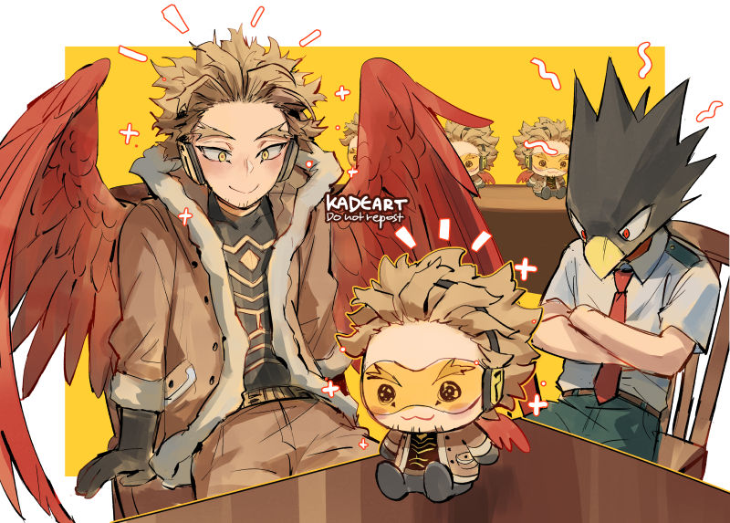 +++ 2boys animal_head belt bird_boy black_feathers blonde_hair boku_no_hero_academia border brown_jacket brown_pants character_doll collared_shirt costume counter crossed_arms epaulettes expression_request facial_hair facial_mark feathered_wings fur-trimmed_jacket fur_trim gloves goatee hawks_(boku_no_hero_academia) headphones indoors jacket kadeart light_blush looking_at_object male_focus multiple_boys necktie notice_lines outside_border pants red_eyes red_feathers red_wings rimless_eyewear school_uniform shirt short_hair short_sleeves simple_background sitting sitting_on_object smile stubble table tight tight_shirt tinted_eyewear tokoyami_fumikage twitter_username two-tone_background u.a._school_uniform white_border wing_collar wings yellow_background yellow_eyes