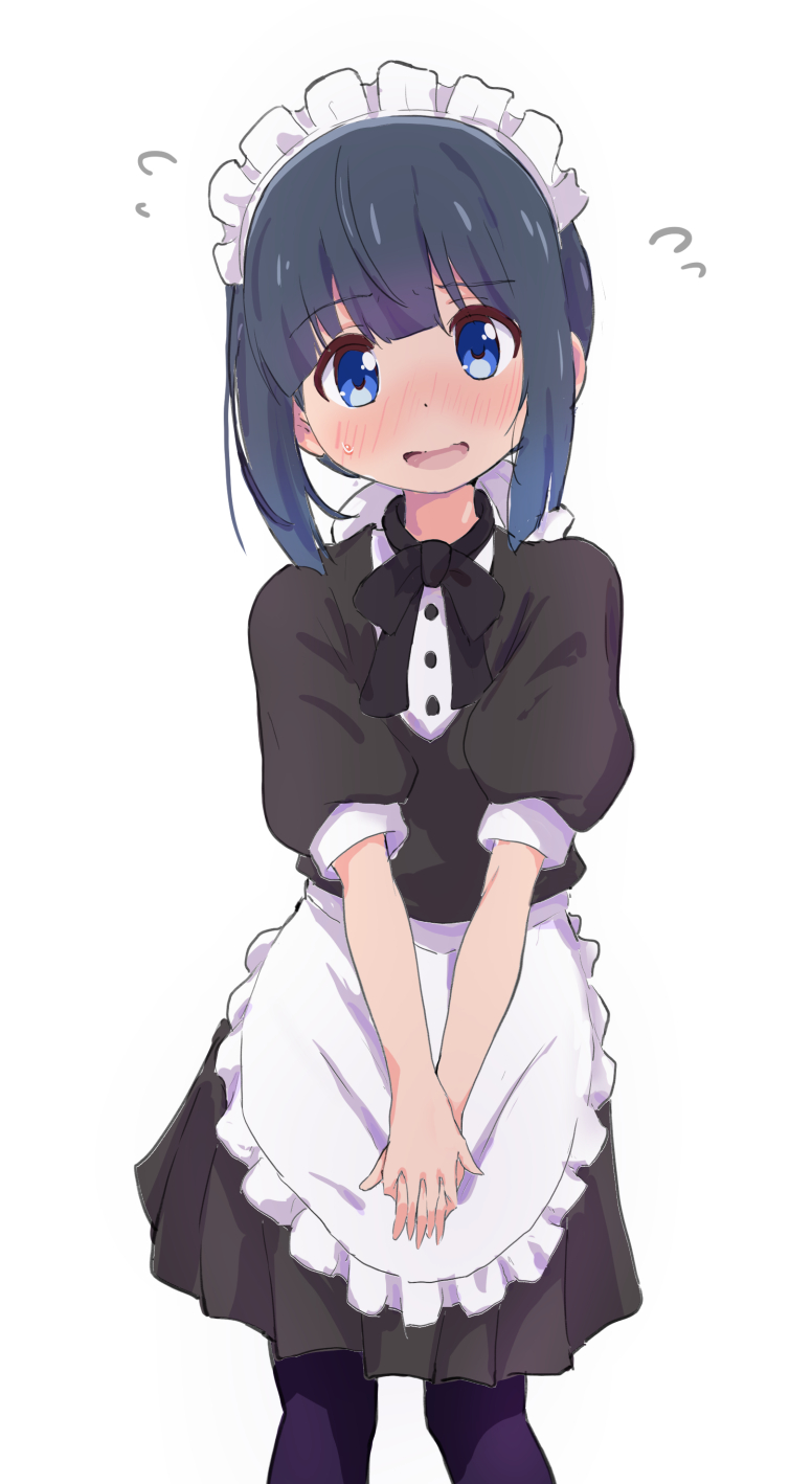 1girl apron bangs black_bow black_bowtie black_dress black_legwear blue_eyes blunt_bangs blunt_ends blush bow bowtie d: dark_blue_hair dot_nose dress embarrassed eyebrows_visible_through_hair feet_out_of_frame flustered flying_sweatdrops frilled_apron frilled_hairband frills full-face_blush furrowed_brow hairband highres looking_at_viewer maid_headdress minagi_hiyori murairamuraiari nervous_smile own_hands_clasped own_hands_together pantyhose pleated_dress puffy_short_sleeves puffy_sleeves raised_eyebrow short_hair short_sleeves sidelocks simple_background sleeve_cuffs slow_loop solo standing straight-on sweat symbol-only_commentary tareme uniform v_arms waist_apron waitress white_apron white_background white_hairband