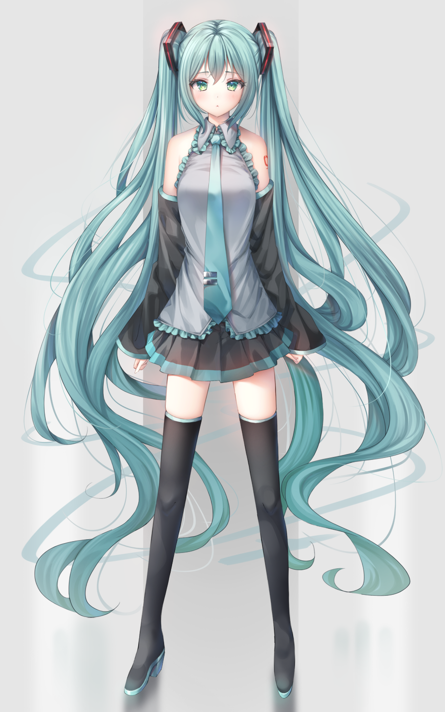 1girl bangs black_footwear black_legwear black_skirt black_sleeves blue_hair blue_necktie blush boots closed_mouth collared_shirt detached_sleeves eyebrows_visible_through_hair frilled_shirt frilled_shirt_collar frills full_body green_eyes grey_background grey_shirt hair_between_eyes hatsune_miku high_heels highres long_hair long_sleeves looking_at_viewer murano necktie pleated_skirt reflection shirt skirt sleeveless sleeveless_shirt sleeves_past_wrists solo standing thigh-highs thigh_boots tie_clip twintails very_long_hair vocaloid wide_sleeves