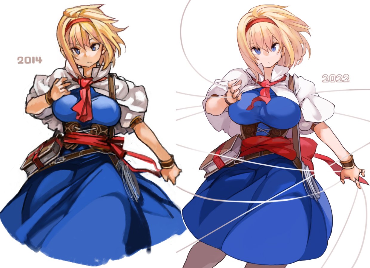 1girl alice_margatroid ascot blonde_hair blue_dress blue_eyes breasts capelet dress frilled_ascot frills grimoire_of_alice hairband large_breasts lolita_hairband puffy_short_sleeves puffy_sleeves red_hairband red_neckwear sachito short_hair short_sleeves simple_background solo touhou white_background