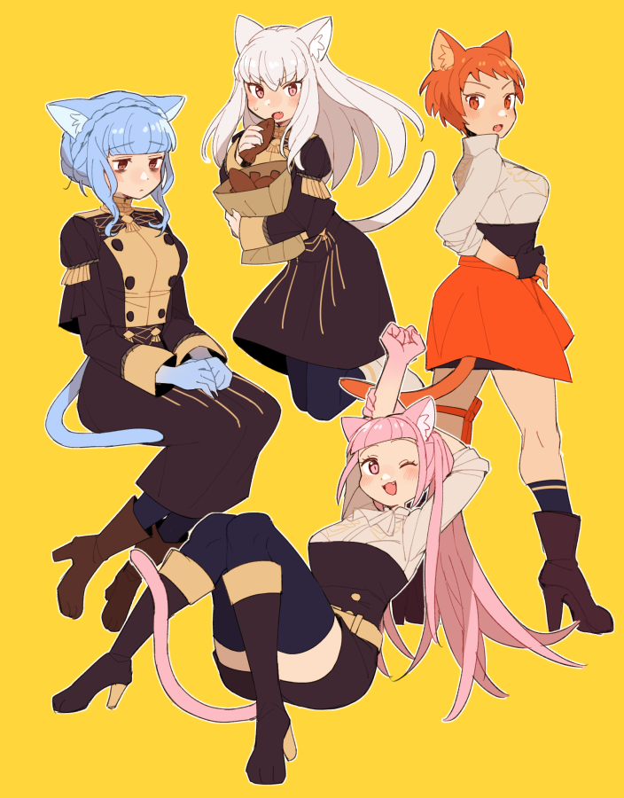 4girls animal_ears bag bangs blue_hair blunt_bangs blush boots breasts cat_ears cat_girl cat_tail do_m_kaeru eyebrows_visible_through_hair fang fire_emblem fire_emblem:_three_houses full_body garreg_mach_monastery_uniform gloves hair_between_eyes hair_bun high_heel_boots high_heels hilda_valentine_goneril holding leonie_pinelli long_hair long_sleeves looking_back lysithea_von_ordelia marianne_von_edmund medium_breasts multiple_girls one_eye_closed open_mouth orange_hair paper_bag pink_hair short_hair simple_background sitting standing sweatdrop symbol-only_commentary tail thigh-highs tongue twintails white_hair yellow_background